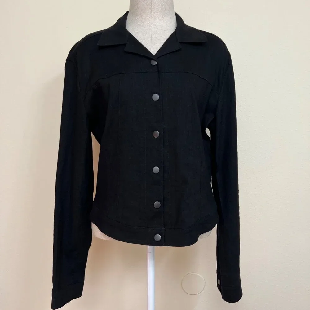 TAHARI Black Button-Front Long-Sleeve Linen Blend Jacket Women’s Large - Picture 1 of 9